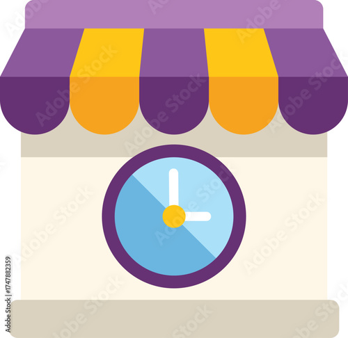 Store front facade with clock showing working time, concept of opening hours