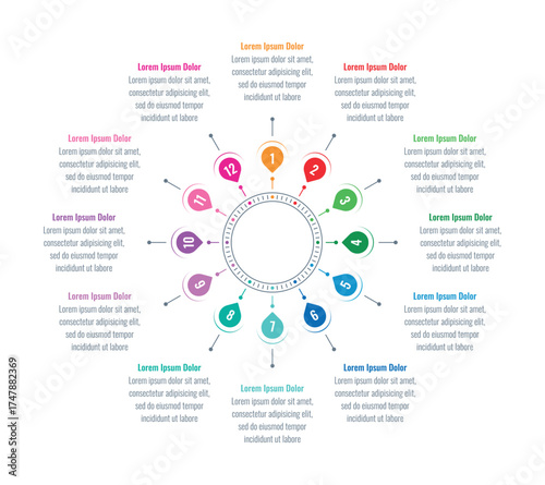 Infographic template for technology, business, education, industry, and business. Colorful drops and twelve steps informational template. Infographic template for magazine, annual report, catalog