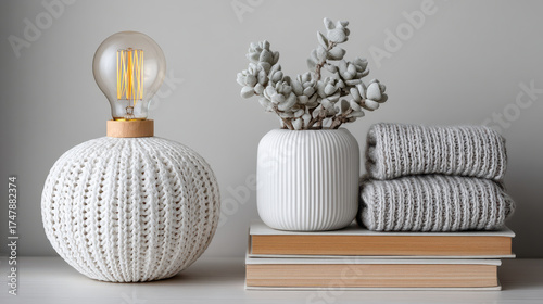 Cozy light bulb knitted lamp ceramic vase succulent plant folded blanket grey texture neutral decor minimalist style soft focus home interior calm mood with warm glow and serene texture