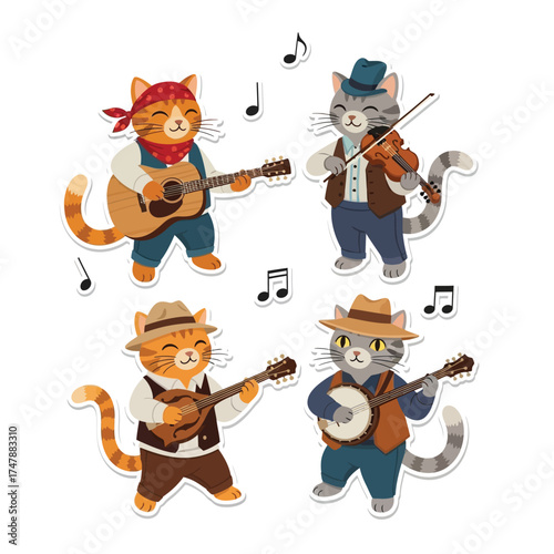 Four anthropomorphic cats playing musical instruments, creating a joyful ensemble with musical notes.