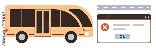 Bus next to computer browser window showing error alert button. Ideal for technology, transport, connectivity issues, travel delays, software errors, digital notifications, simple flat metaphor