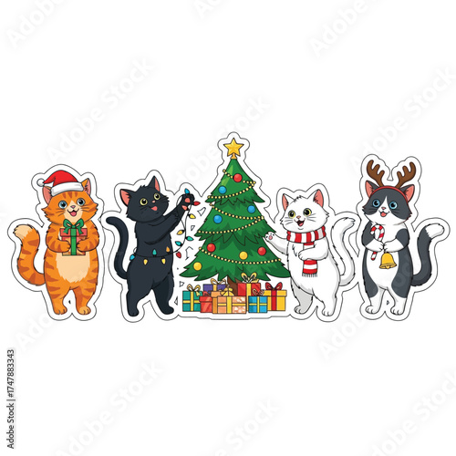 Four cartoon cats decorate a Christmas tree with gifts underneath. One cat wears a Santa hat, another reindeer antlers.