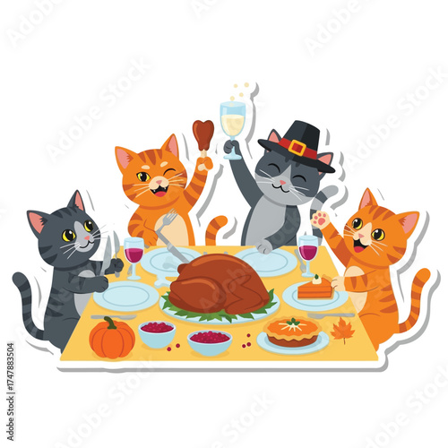 Four cartoon cats celebrate Thanksgiving at a table with turkey, pumpkin pie, and drinks.