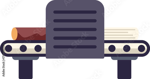 Illustration of a wood processing machine turning a log into lumber on a conveyor belt, representing the lumber industry and woodworking processes
