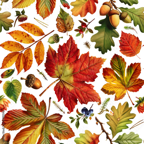 Seamless vector pattern with colorful autumn leaves isolated on a changeable background. Vintage painting style illustration.