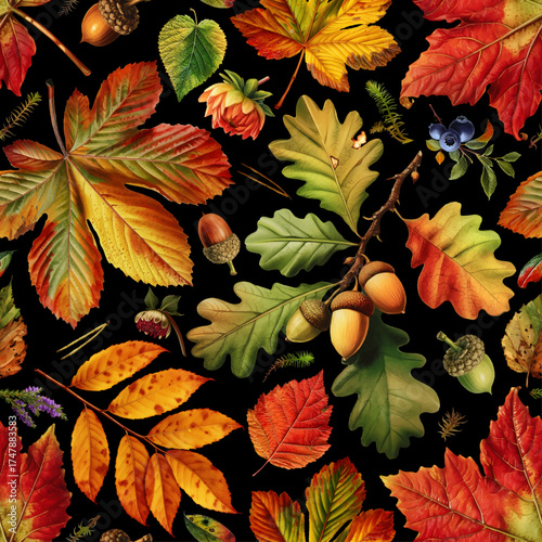 Seamless vector pattern with colorful autumn leaves isolated on a changeable background. Vintage painting style illustration.