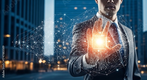 Businessman holding digital network with city building background