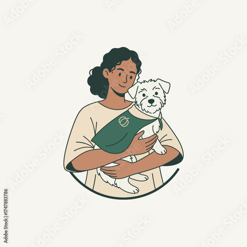 A warm and loving embrace A young woman tenderly holds her beloved small white dog, showcasing a beautiful bond and cherished companionship