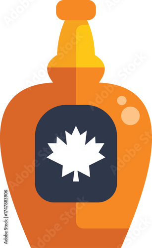 Glass bottle containing maple syrup is featuring a label with a white maple leaf on it