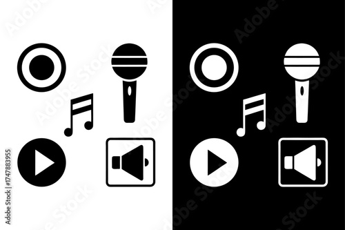 Minimalist Media Control Icon Set — Play, Pause, Volume, Speaker.