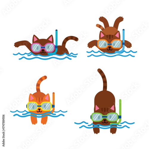 Four cartoon cats enjoying water activities, wearing snorkeling masks and swimming.
