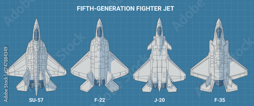 Set of fifth generation fighter jet in blueprint style from top view. Vector illustrations sukhoi f-22 raptor, su-57, chengdu j-20, f-35 fighter jet. Various military 5th-gen combat aircraft design.