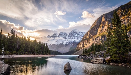 Mountain range reflecting on a calm lake surrounded by trees and dramatic sky