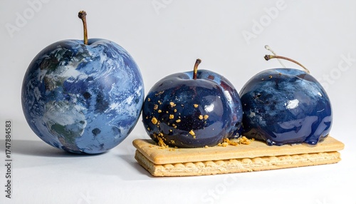 Three globe-like plum desserts, two atop a cookie, against a white background