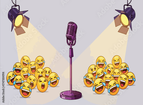 Comedy show stage with laughing emoji audience, microphone, and spotlights.