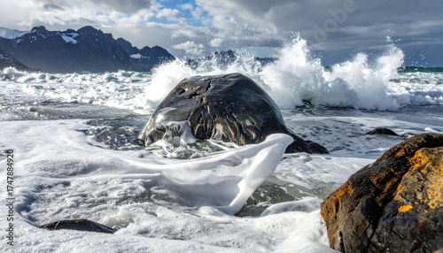A large rock emerges as waves crash on a beach, mountains visible in the distance