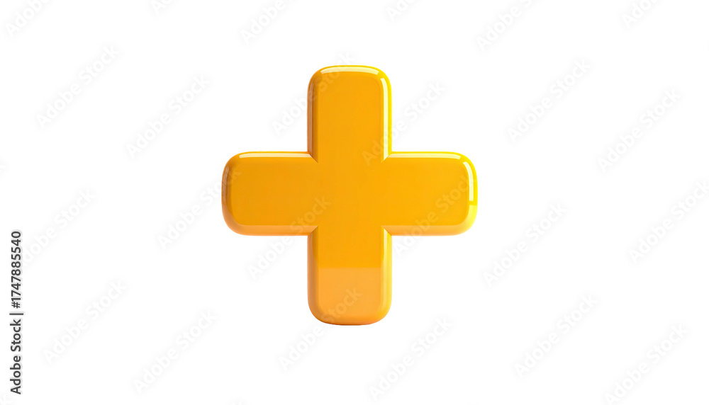 Fototapeta premium A glossy, orange plus sign, centrally positioned, against a stark, black background