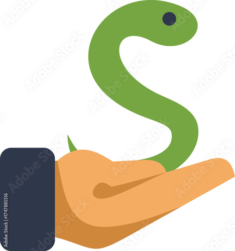 Hand holding small green snake, representing investment, risk, or danger in business