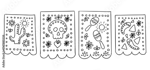 Hand drawn papel picado garland with cactus, skull, maracas, and chili pepper designs. Represents Mexican fiesta and dia de los muertos decoration concept