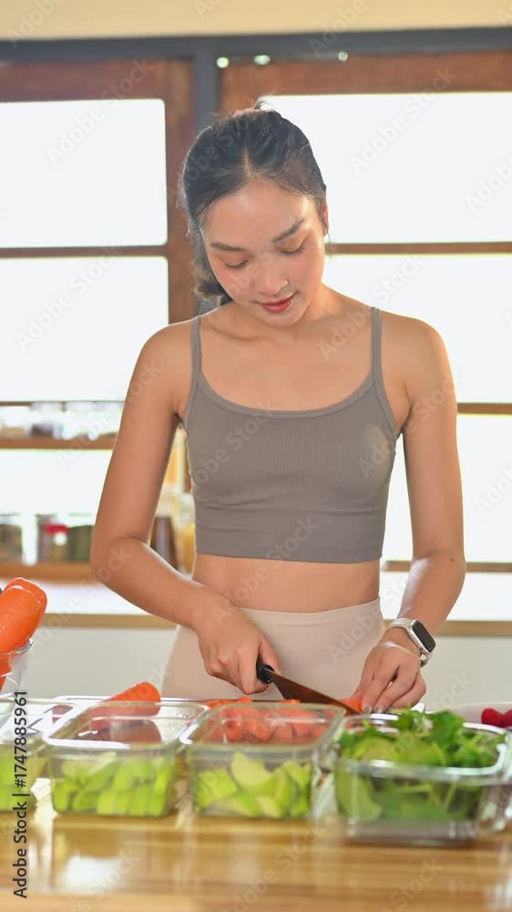 Fitness and nutrition scene with woman preparing fresh vegetables and berries for balanced weekly diet