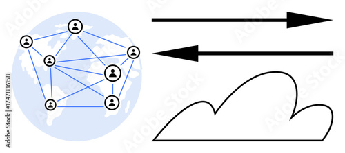 Connectivity map with user icons over a globe, two arrows representing data exchange, and a cloud shape. Ideal for technology, communication, networking, cloud computing, data sharing, globalization