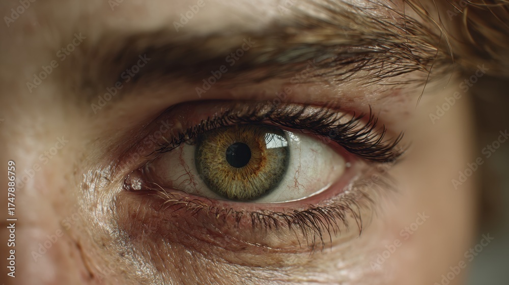 Obraz premium Detailed macro shot of a hazel eye showcasing the intricate patterns of the iris, eyelashes, and skin texture. Eye health and vision detail.