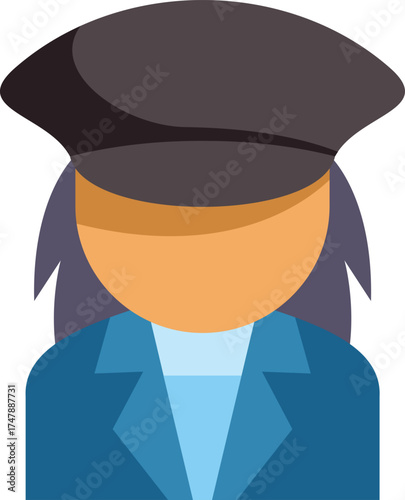 Faceless female driver character wearing blue uniform and black hat is representing transportation industry