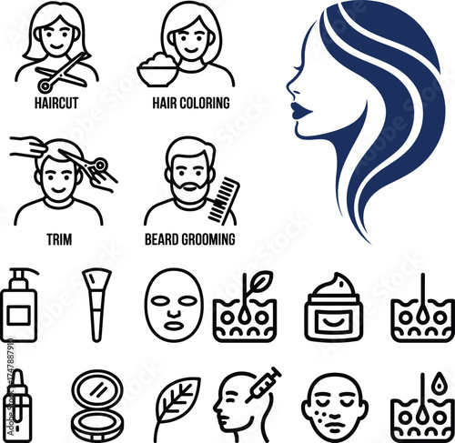 Diverse Beauty Treatment Icons Illustration Haircuts Coloring Grooming Trims Skincare Masks Serums and More For Personal Wellness Regimens Promotion and Design