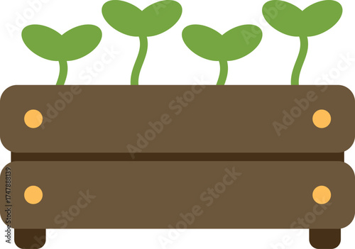 Simple illustration of seedlings growing in a wooden crate representing urban gardening