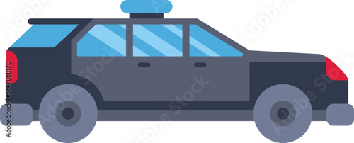 Simple icon style illustration of a black police car parked up, with siren lights flashing on the roof