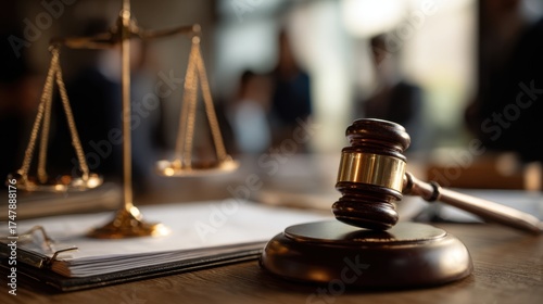 Close-up of a judge's gavel resting on a desk with legal scales in the
