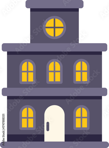 Purple haunted house with glowing windows and round attic window, perfect for halloween projects
