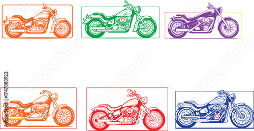 Colorful motorcycle illustrations in frames chopper