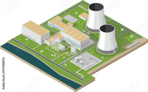 isometric 3d illustration of modern nuclear power plant with cooling towers, industrial buildings, energy facility, clean electricity production site