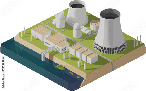 isometric 3d illustration of modern nuclear power plant with cooling towers, industrial buildings, energy facility, clean electricity production site