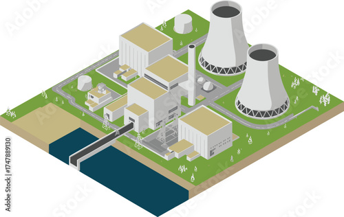 isometric 3d illustration of modern nuclear power plant with cooling towers, industrial buildings, energy facility, clean electricity production site