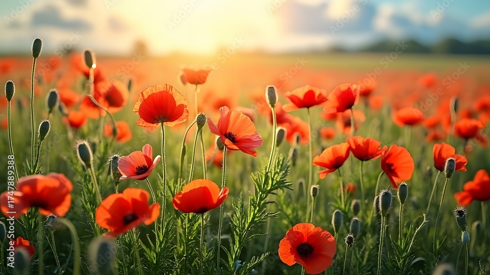 Naklejka premium Vibrant Red Poppy Field at Sunset Landscape