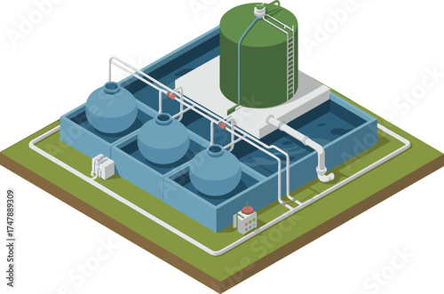 isometric 3d illustration of modern water treatment plant with storage tanks, pipelines, purification system, clean water industrial facility design
