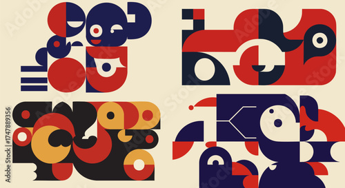 Abstract geometric figures in red navy and gold create a playful modern design
