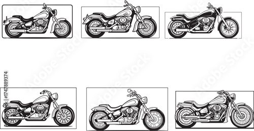 Six black and white motorcycle illustrations chopper