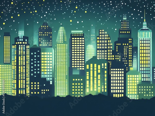 Night City Skyline Illustration Green Teal Buildings