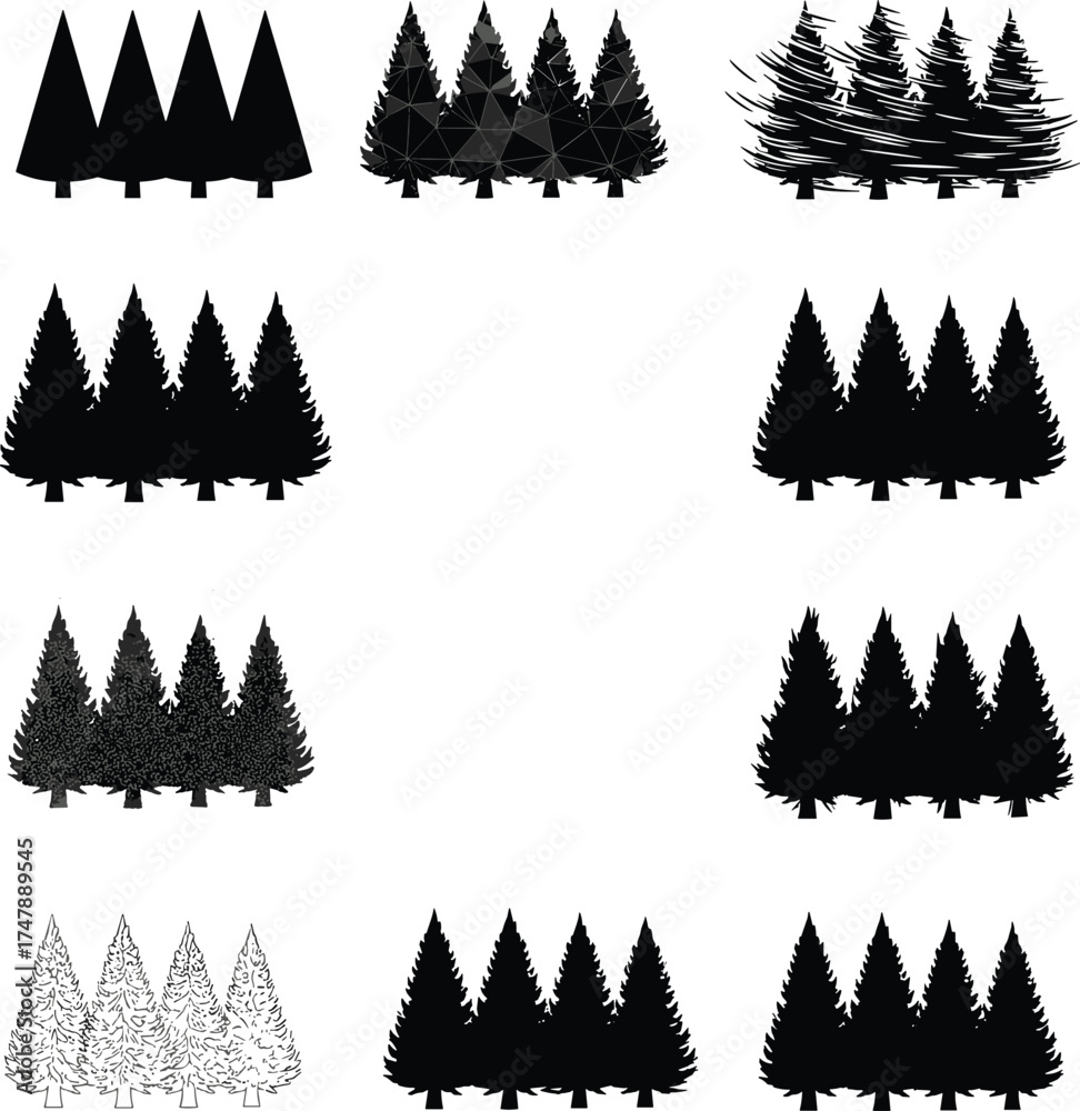 Obraz premium Conifer tree illustration set, forest silhouette pack, textured and shaded styles, black and white vector design, nature concept art, grouped pine tree icons