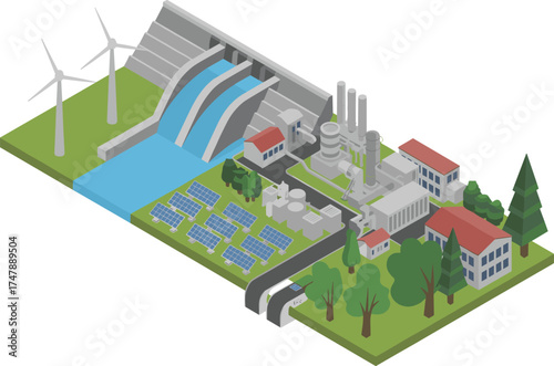 isometric 3d illustration of renewable energy facility with hydroelectric dam, solar panels, wind turbines, eco friendly power generation concept