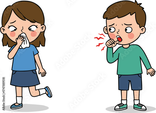 Cartoon children showing sneezing and coughing symptoms with emotional expressions for kids health awareness and educational hygiene vector illustration design