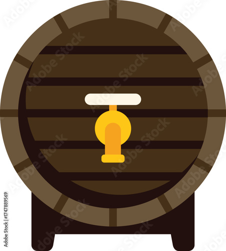 Wooden barrel standing on a white background, used for storing alcoholic beverages like beer, wine, or whiskey