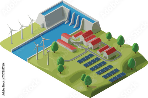 isometric 3d illustration of renewable energy power plant with hydroelectric dam, wind turbines, solar panels, eco friendly electricity generation