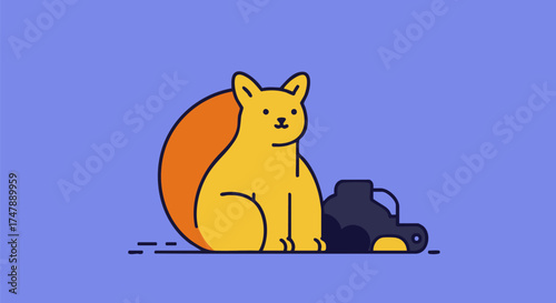 Cartoon dog sitting beside a camera with a round orange shape in background