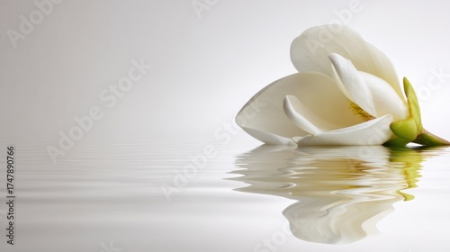 White magnolia on water, serene reflection