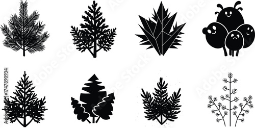 Botanical silhouette icon set, stylized plant and tree vector pack, black and white nature illustration, foliage, berries, flowers, coniferous and tropical designs