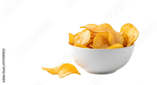 A clean image of crispy potato chips in a white bowl on white background.